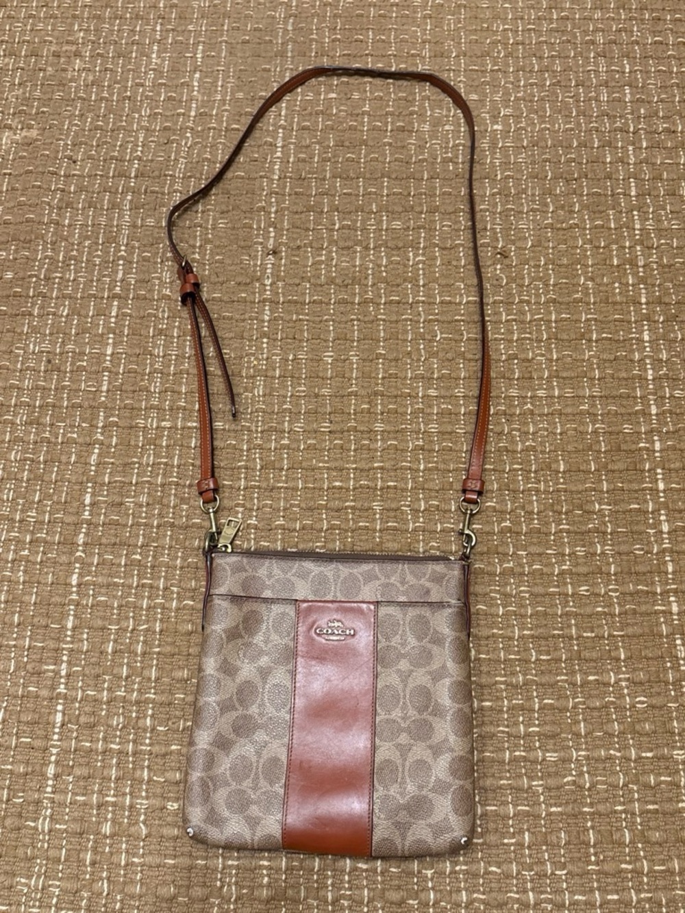 Coach Brown and Tan Signature Crossbody with Leather Stripe